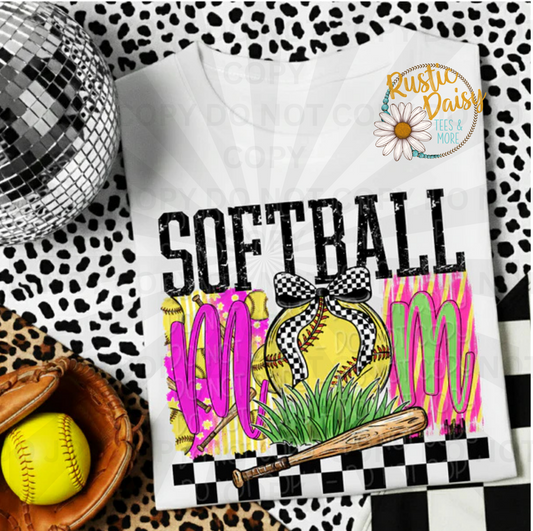 Black Softball mom text with softball, checkered bow, grass, and bat on colorful patterned background