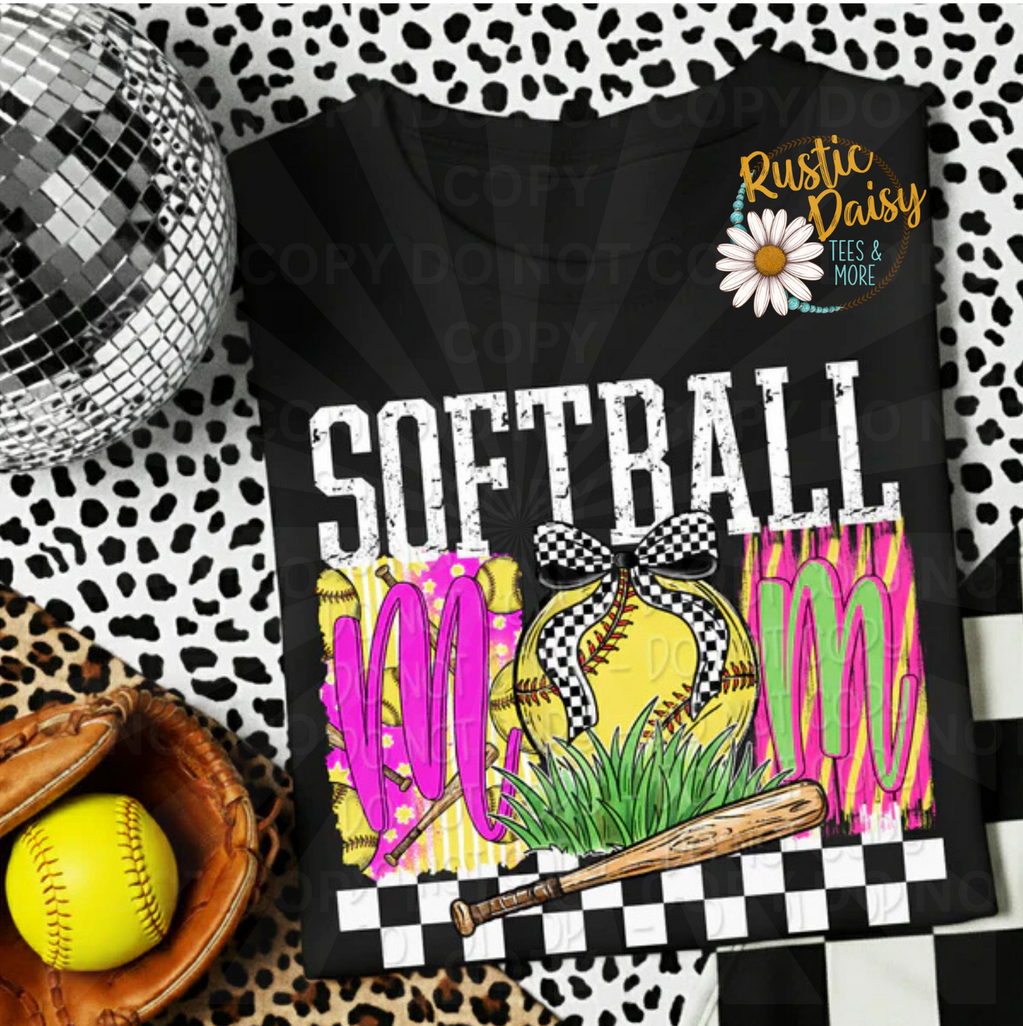 White Softball mom text with softball, checkered bow, grass, and bat on colorful patterned background