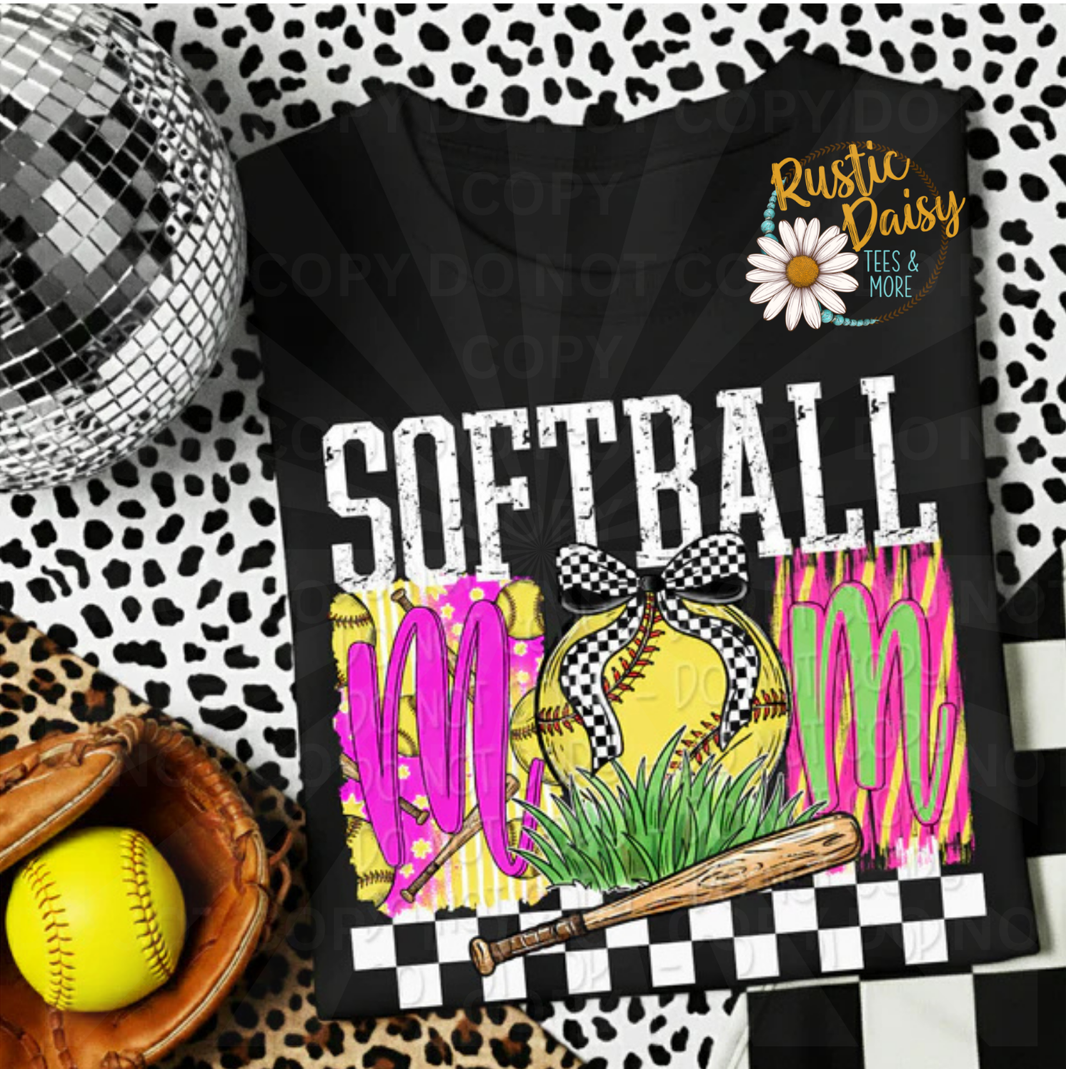 White Softball mom text with softball, checkered bow, grass, and bat on colorful patterned background