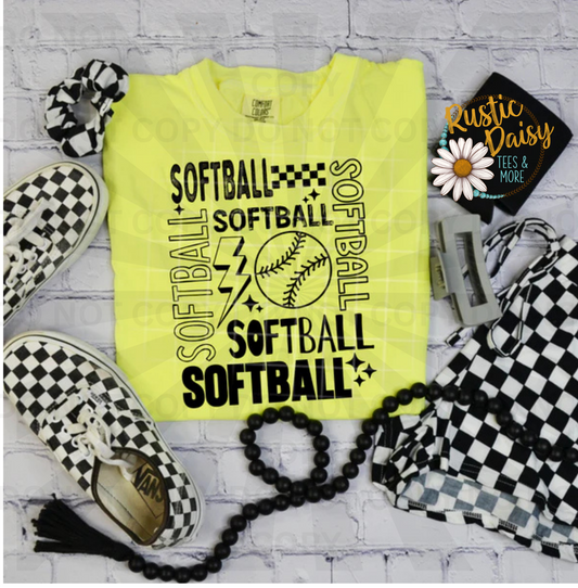 Softball text repeated in various fonts with lightning bolt and softball graphic