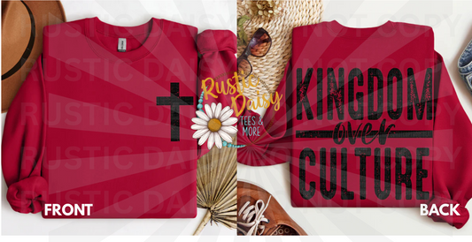T-shirt with front cross and back text KINGDOM over CULTURE in distressed black letters"