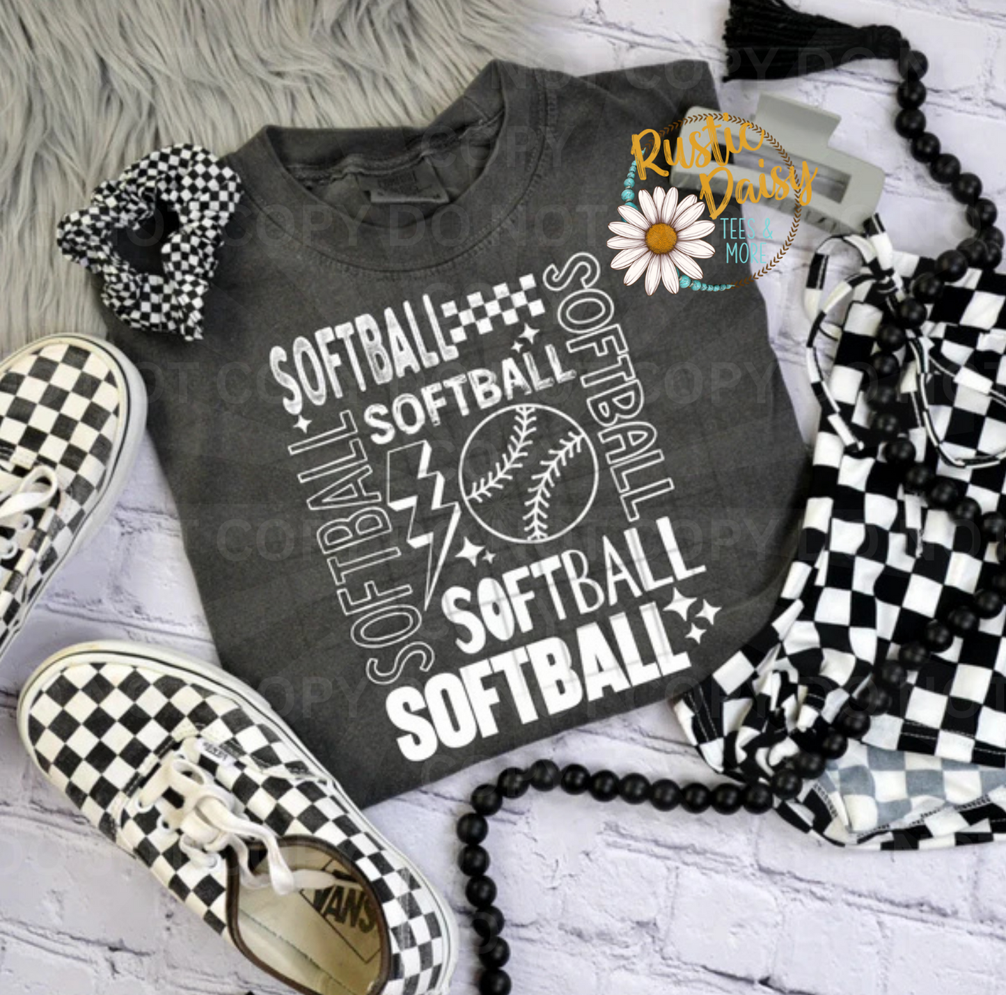 White Softball text repeated in various fonts with lightning bolt and softball graphic