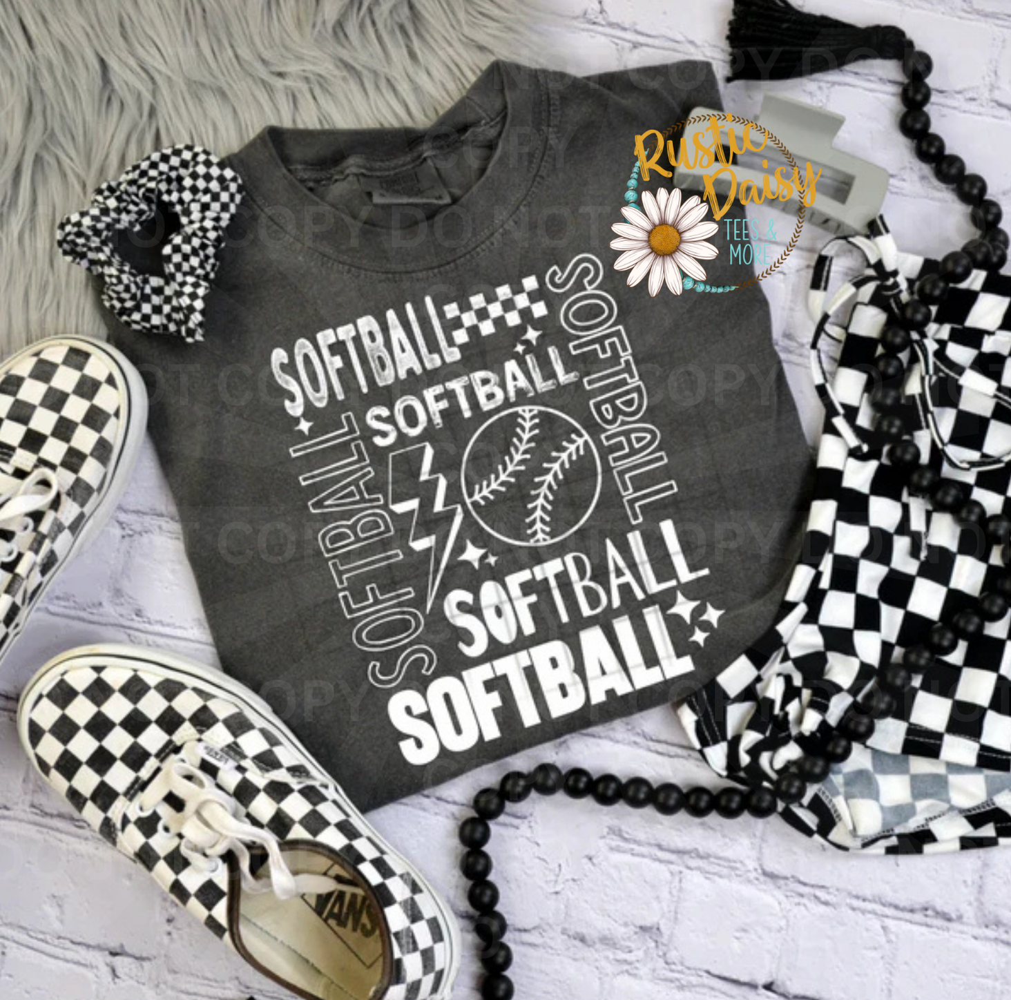 White Softball text repeated in various fonts with lightning bolt and softball graphic