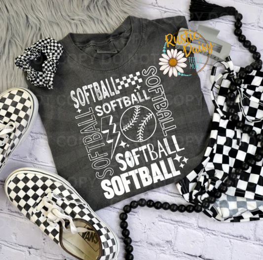 White Softball text repeated in various fonts with lightning bolt and softball graphic