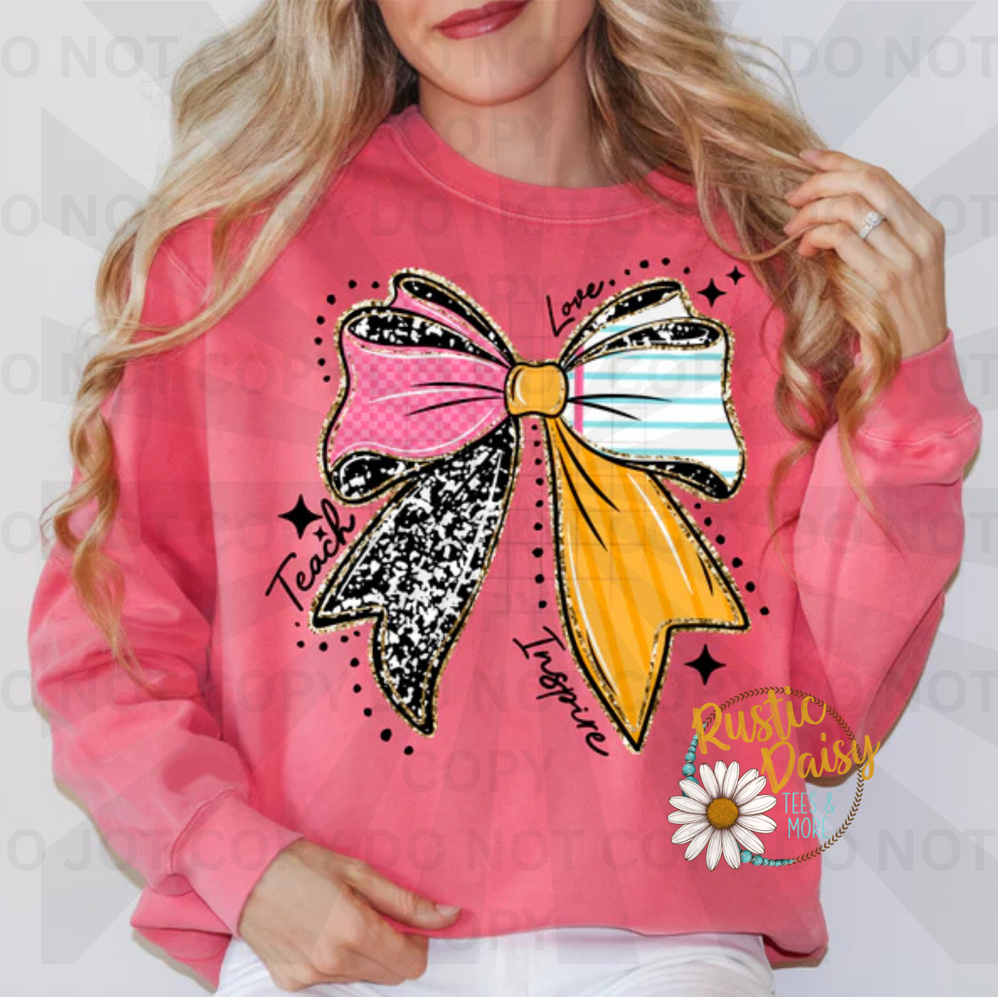 Teacher teach love inspire text with colorful patterned bow and stars