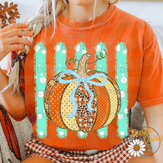 Patterned Pumpkin Blue Bow Teal Stripes