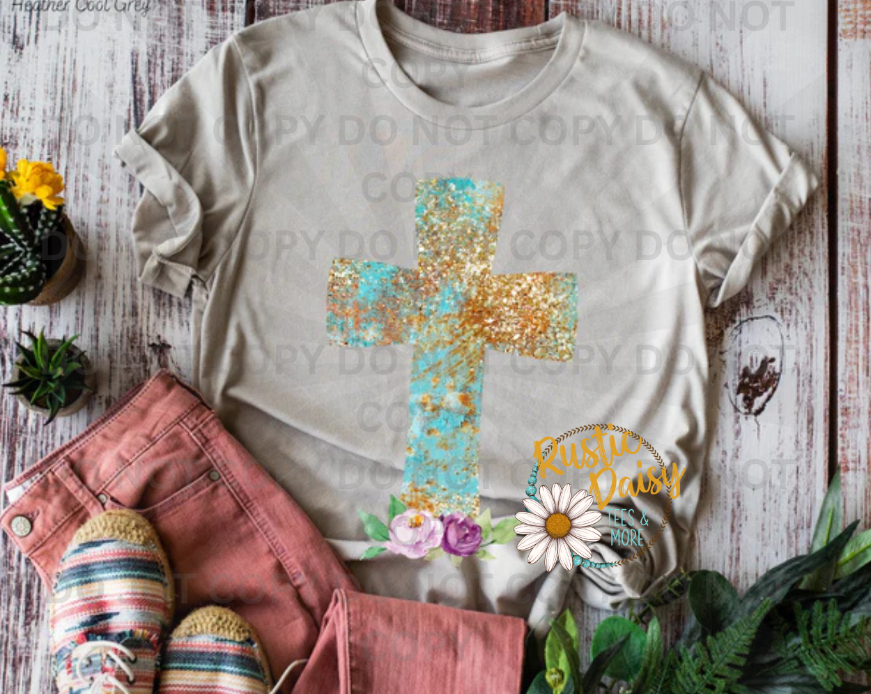 Turquoise and gold glitter cross with pink and purple watercolor flowers