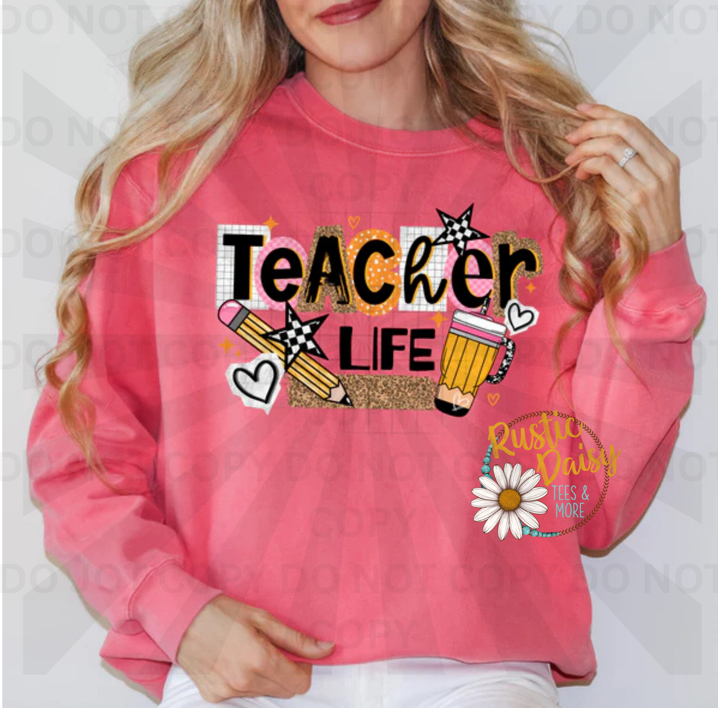 Teacher life text with pencils, coffee cup, hearts, and leopard print accents