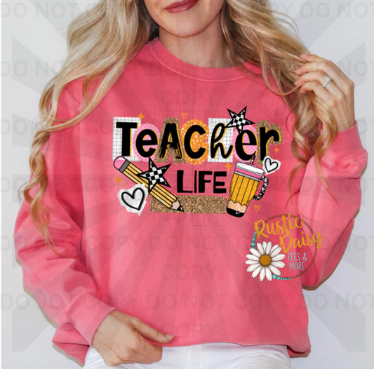 Teacher life text with pencils, coffee cup, hearts, and leopard print accents