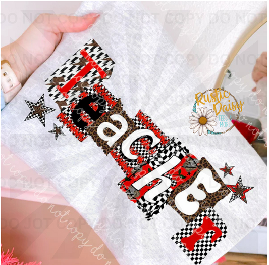 Teacher text in mixed patterns including checkered, leopard print, and red accents with stars