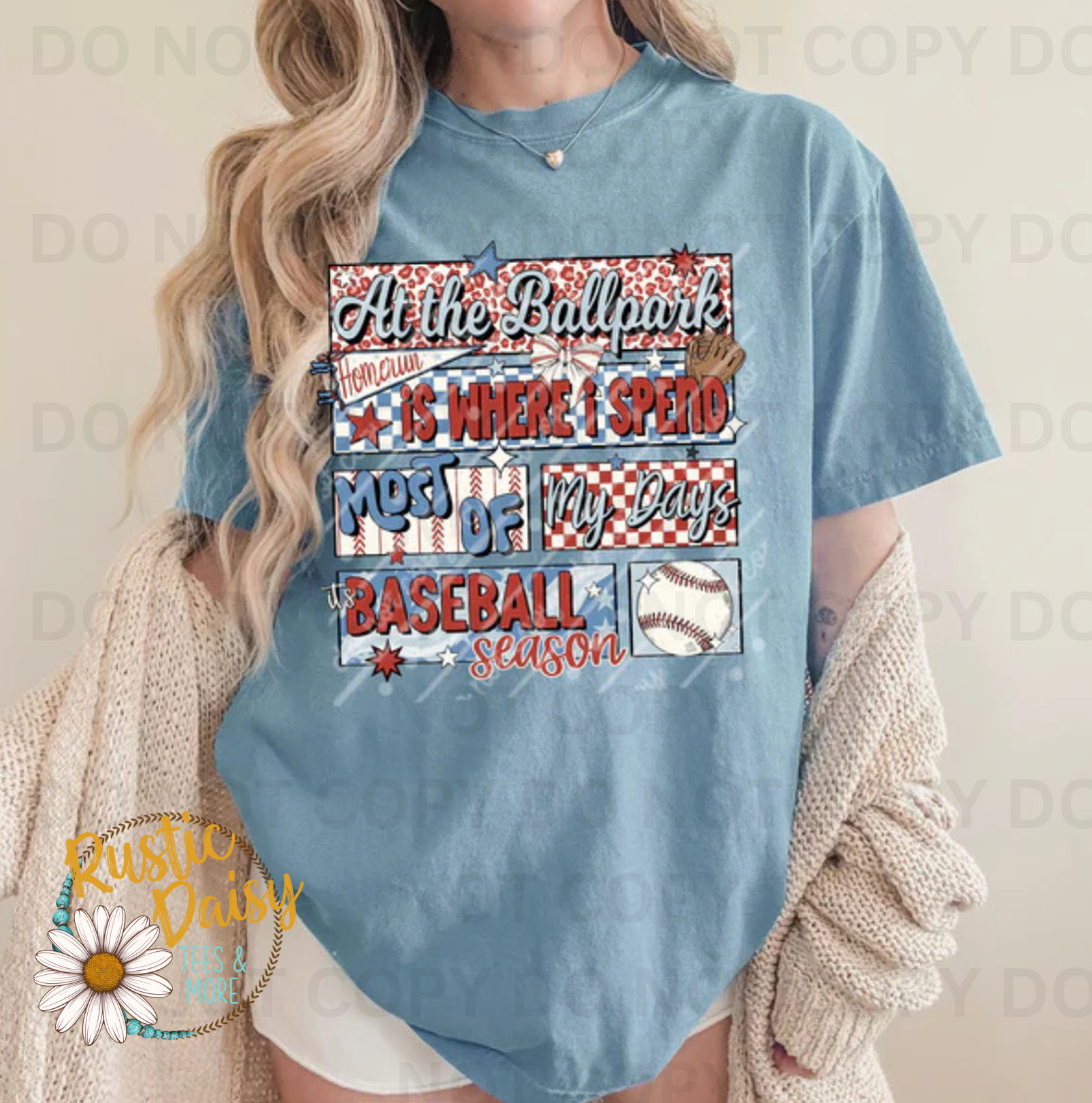 T-shirt with baseball-themed collage design, that says At the ballpark is where I spend most of my days, its baseball season