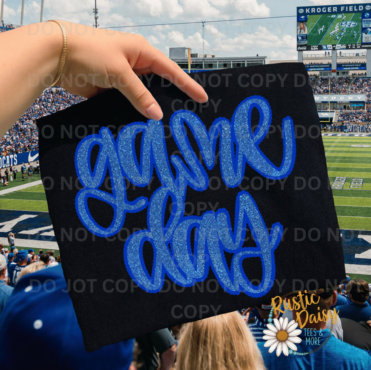 T-shirt with game day text in blue faux glitter script
