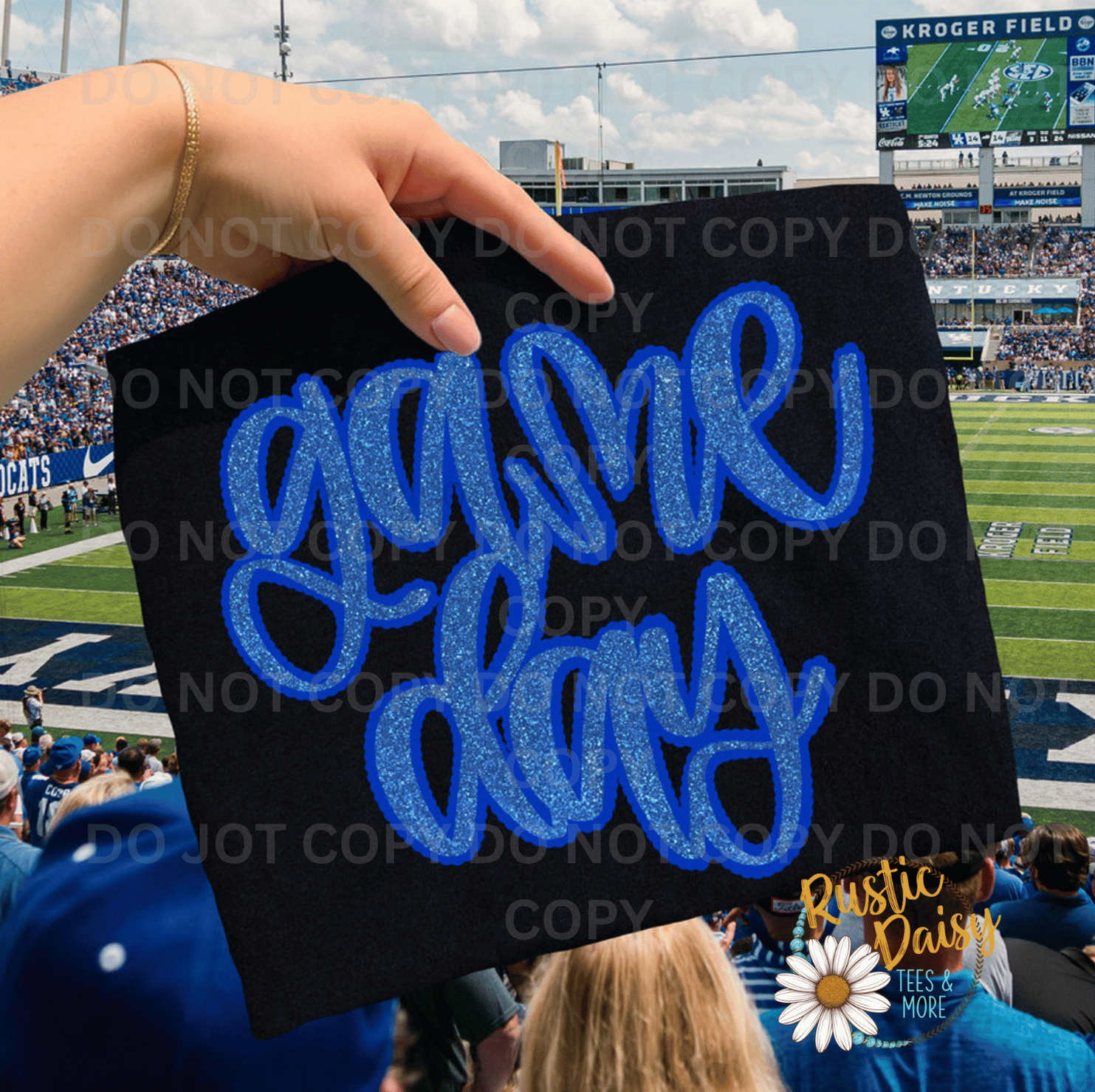 T-shirt with game day text in blue faux glitter script