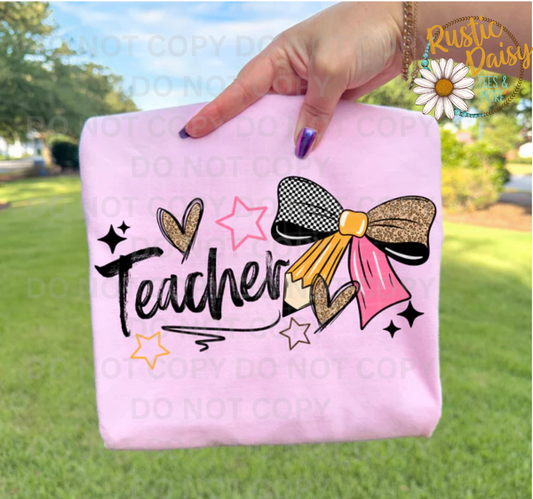 Teacher text with cheetah heart, checkered bow, and stars