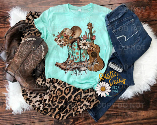  Beautiful Crazy text with cowboy boots, hat, guitar, and daisies