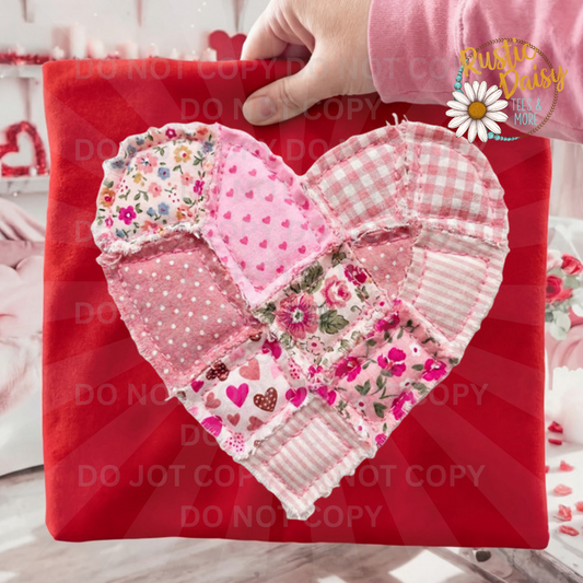 Pink patchwork heart with floral, gingham, polka dot, and striped fabric patterns