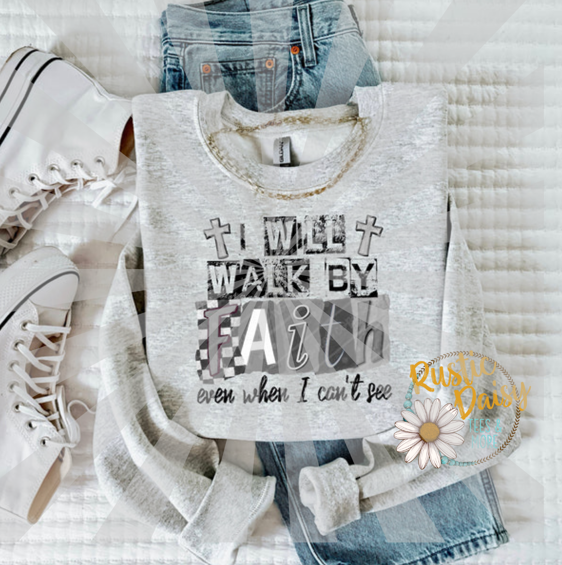 T-shirt with I WILL WALK BY FAITH even when I can't see text and crosses in leopard print, checkered, and striped patterns