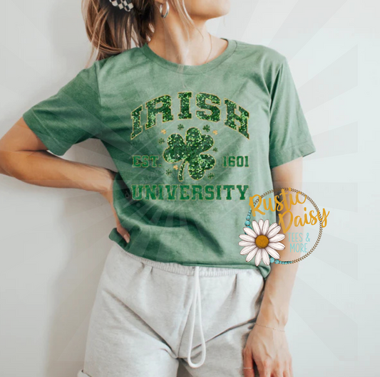 T-shirt with IRISH UNIVERSITY EST 1601 text in distressed green letters with four-leaf clover shamrock