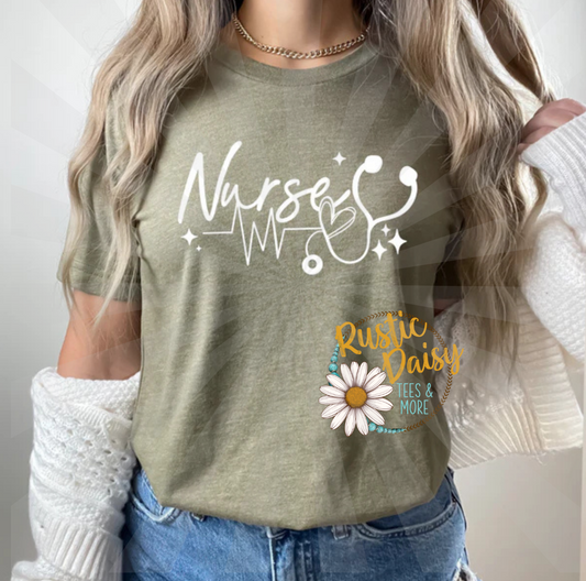 T-shirt with Nurses text in script with heartbeat line, heart, and stethoscope with stars in white