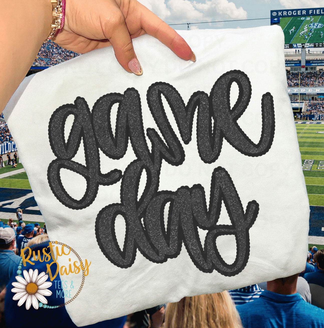 T-shirt with game day text in black faux glitter script