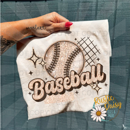 Baseball script text with leopard print baseball and stars