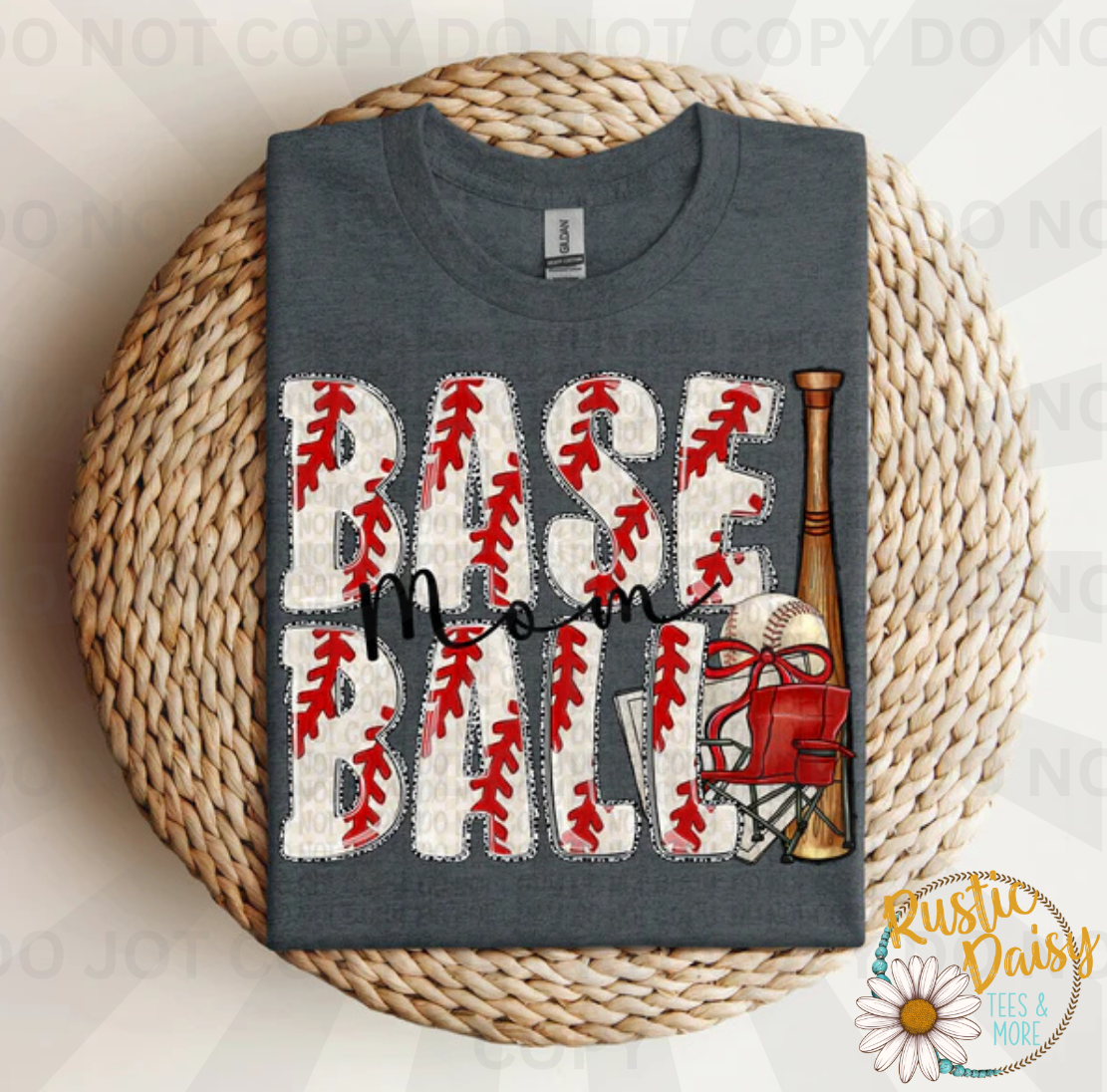 Base Ball text in baseball stitch pattern with mom scripted in black across middle, accented with baseball bat, ball, home plate, chair and red bow