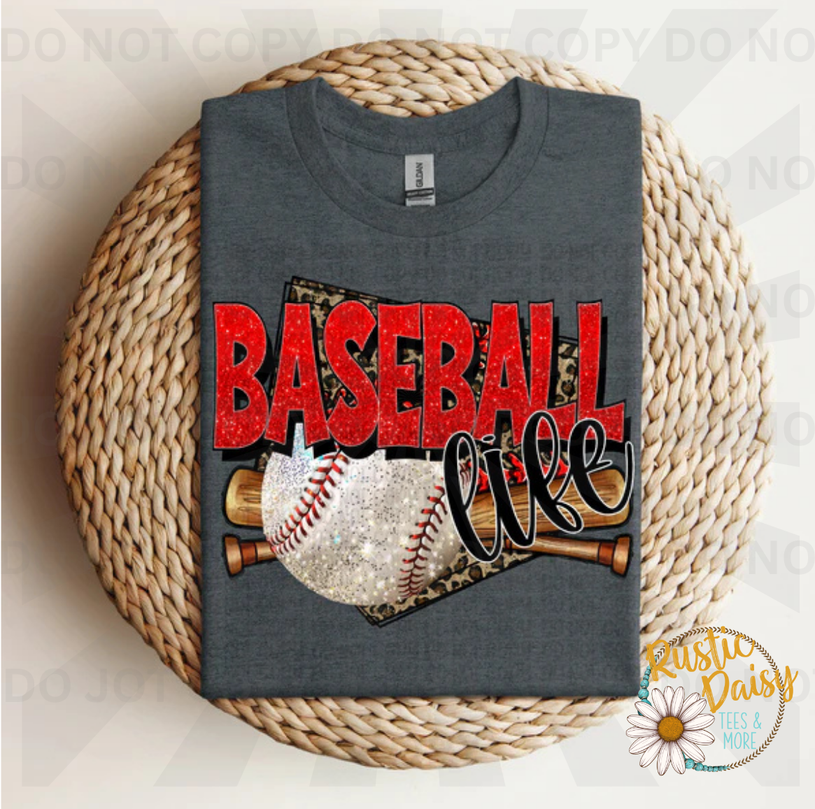 Baseball Life text in red leopard print with glitter baseball and crossed bats