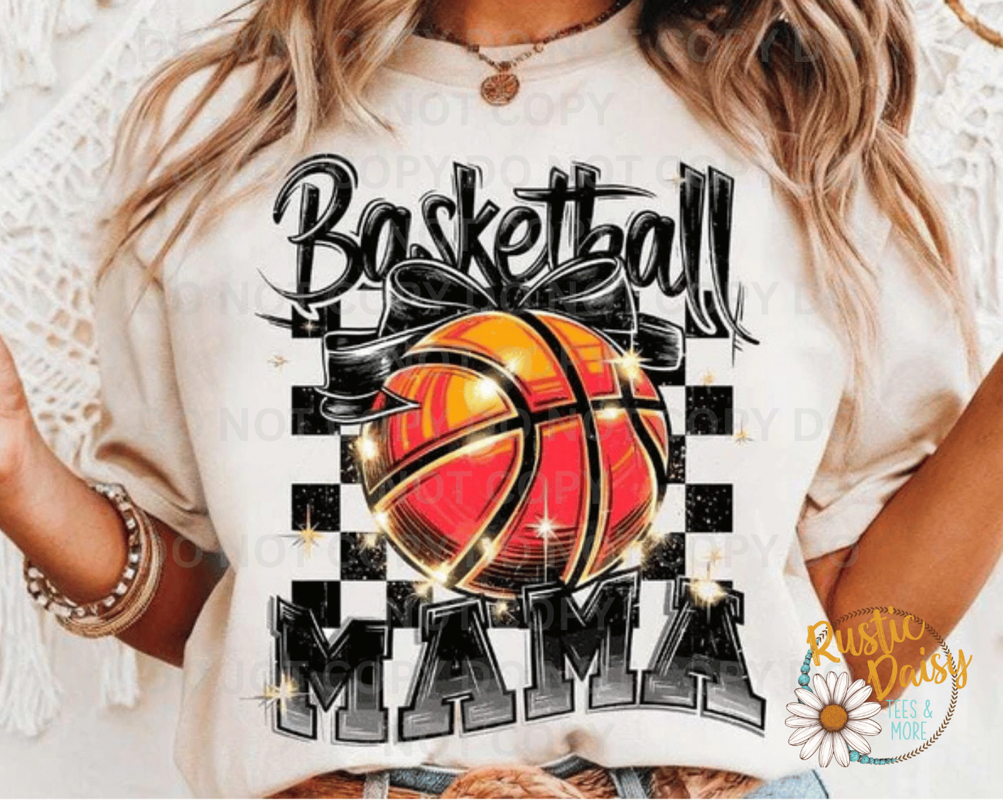 T-shirt with Basketball Mama text, basketball graphic, and checkered background