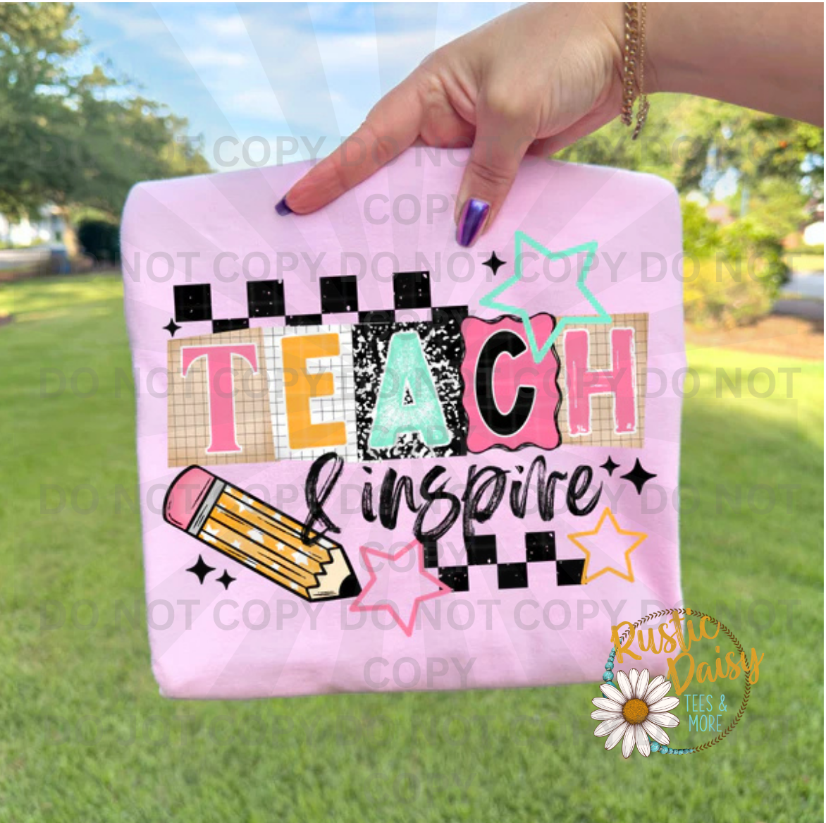 Teach and inspire text with patterned letters, pencil, and stars