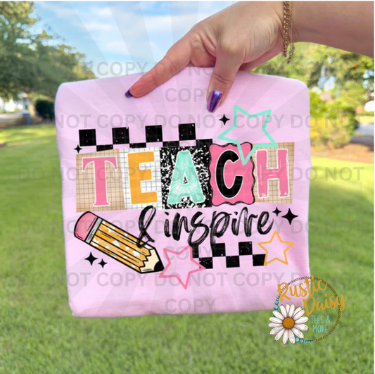 Teach and inspire text with patterned letters, pencil, and stars