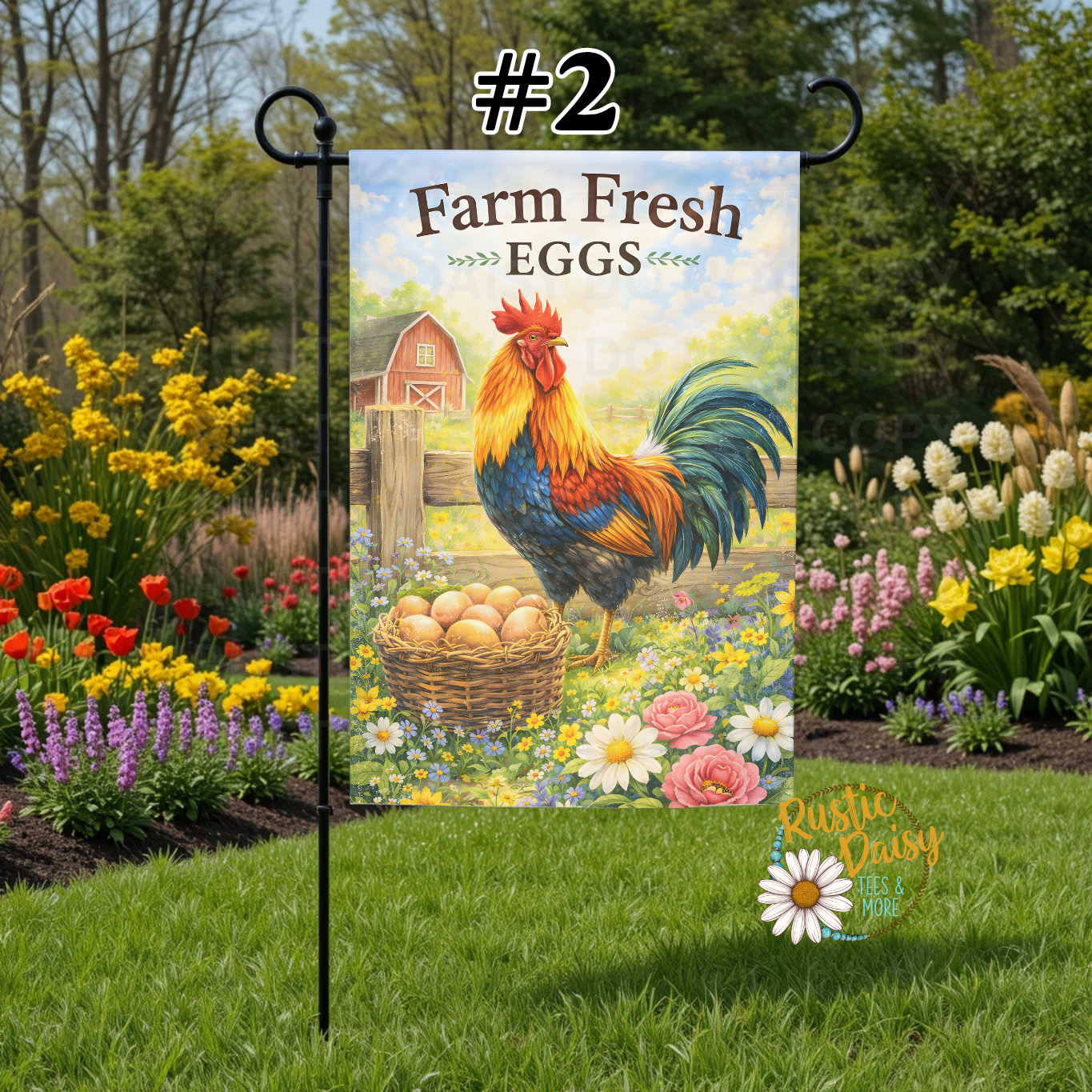 Garden flag with a rooster and 'Farm Fresh Eggs' text, set against a garden backdrop with flowers and a barn.
