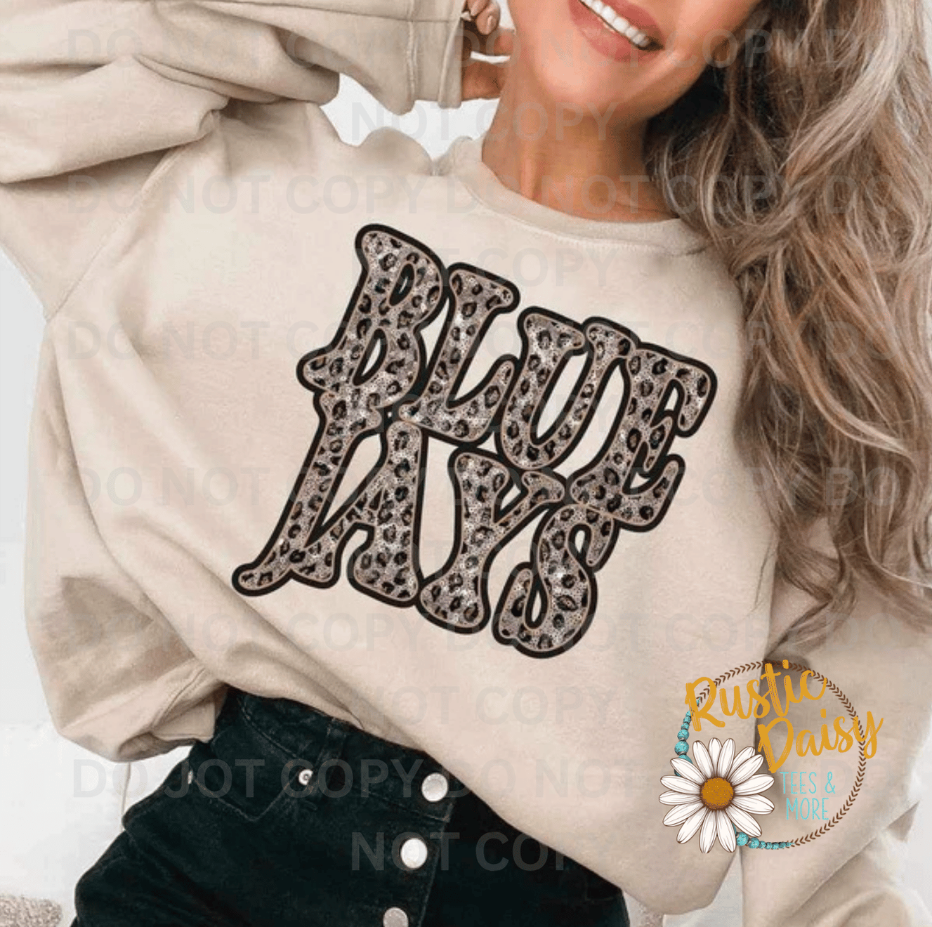 T-shirt with BLUE JAYS text in retro bubble letters filled with leopard print pattern