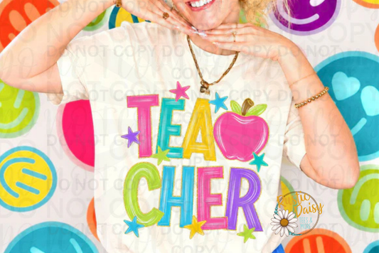 Teacher Neon Apple & Stars
