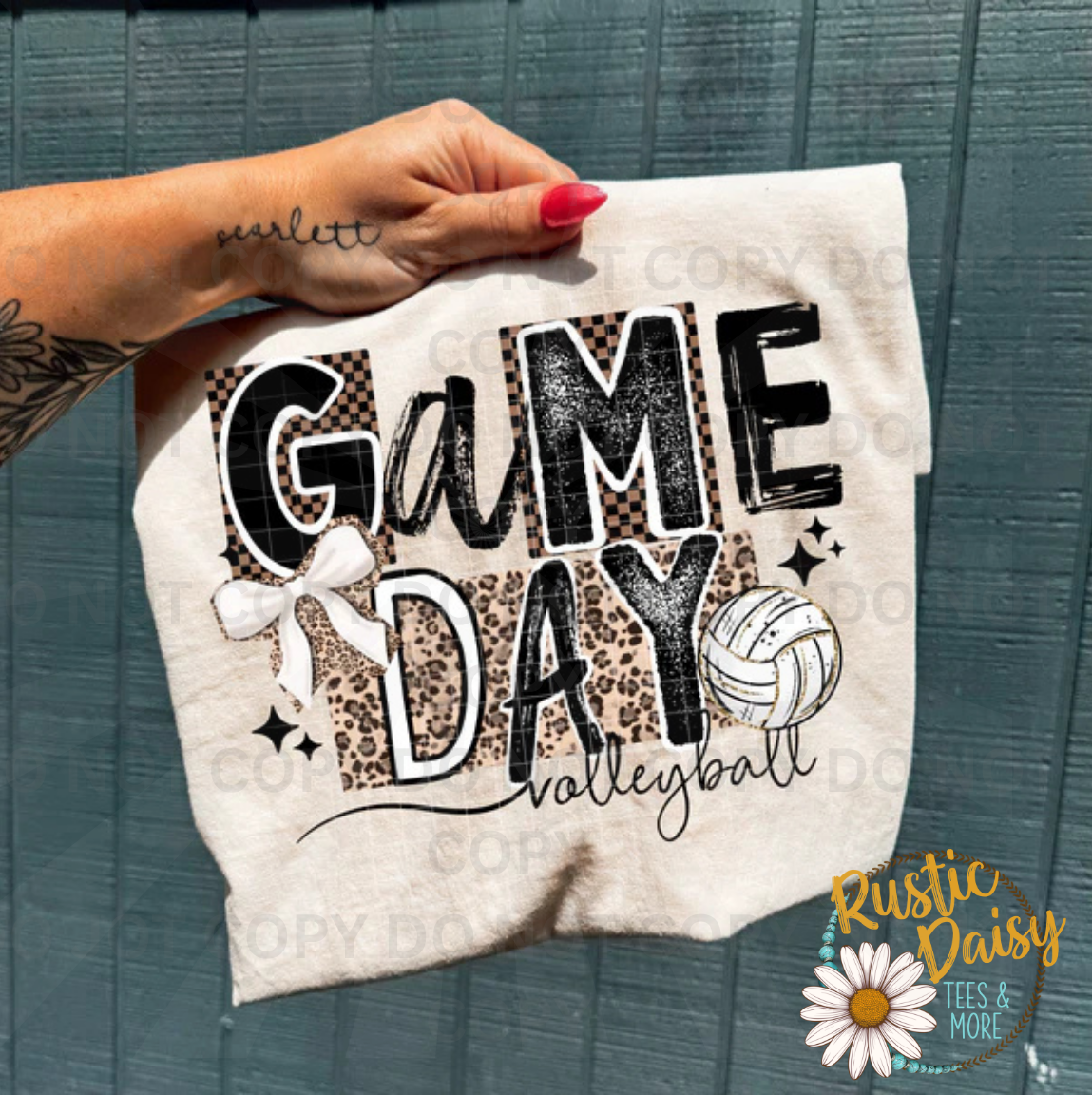 Game day volleyball text with leopard print and volleyball

