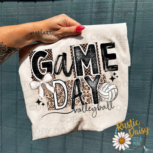 Game day volleyball text with leopard print and volleyball

