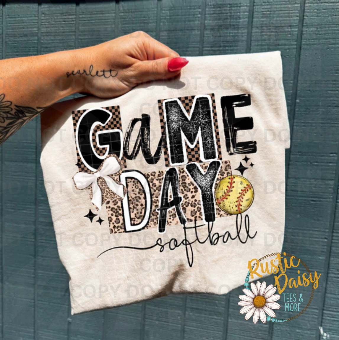 Game day softball text with leopard print and softball
