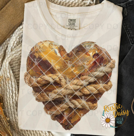 Gold faux paint rope heart with crosshatch pattern