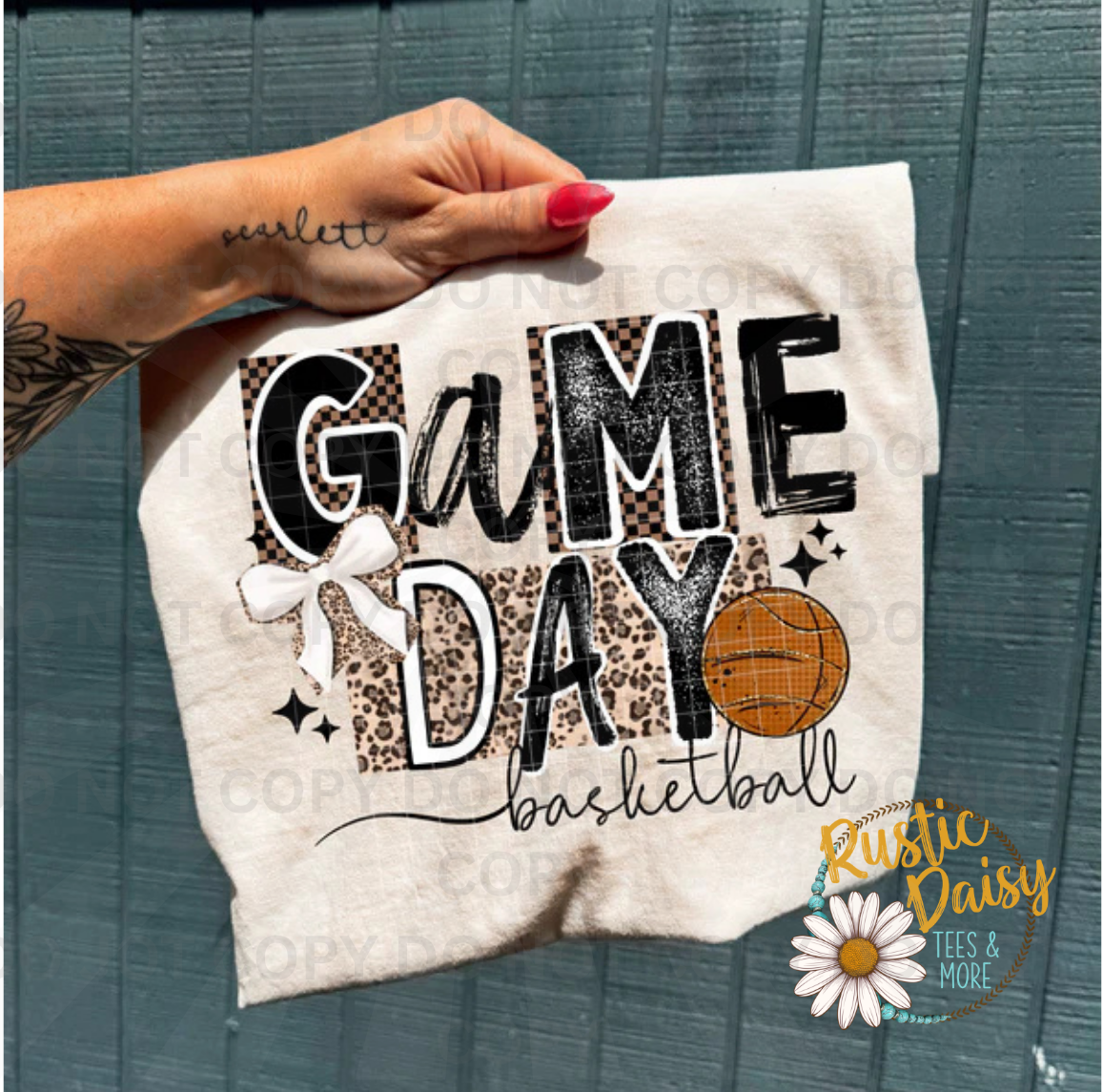 Game day basketball text with leopard print and basketball