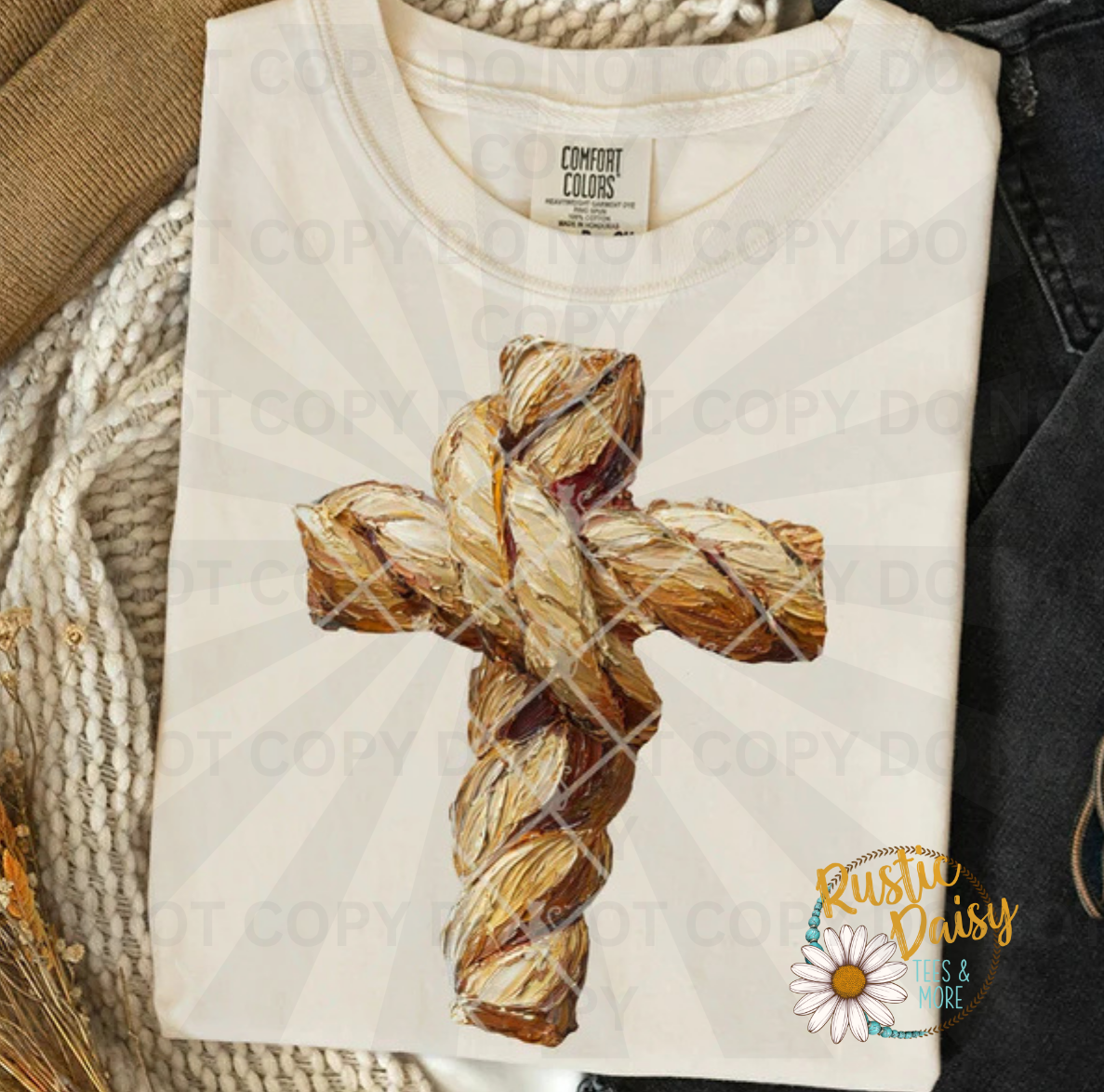 Gold faux paint rope cross with twisted rope texture