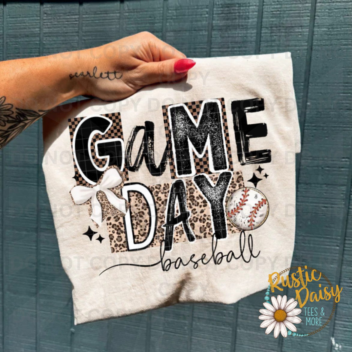 Game day baseball text with leopard print and baseball
