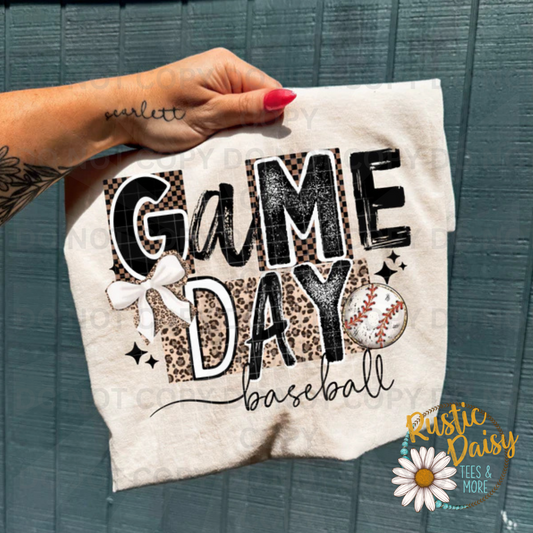 Game day baseball text with leopard print and baseball