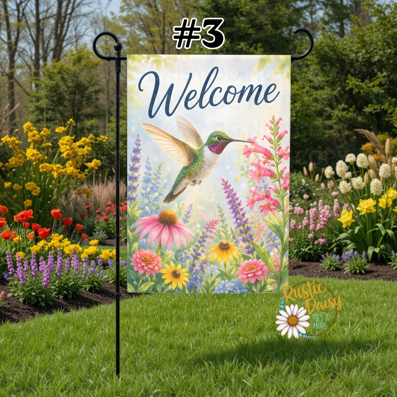 Garden flag with a hummingbird and flowers 