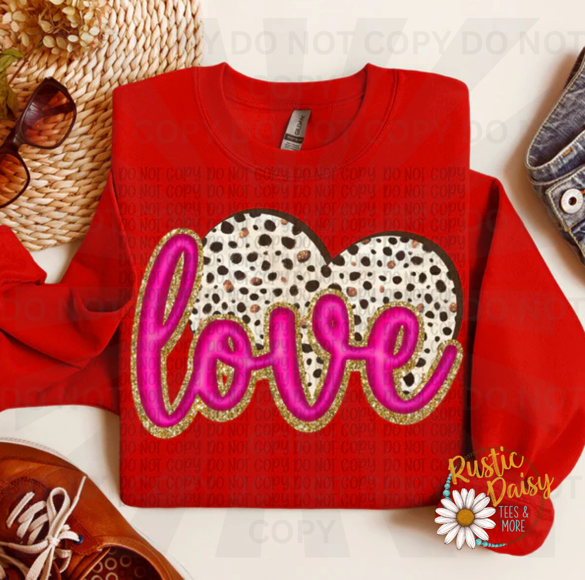  Love text in hot pink with gold glitter outline on dalmatian print heart
