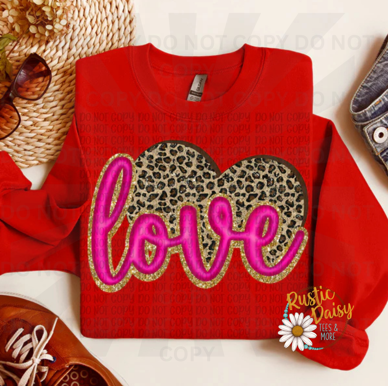 Love text in hot pink with gold glitter outline on leopard print heart