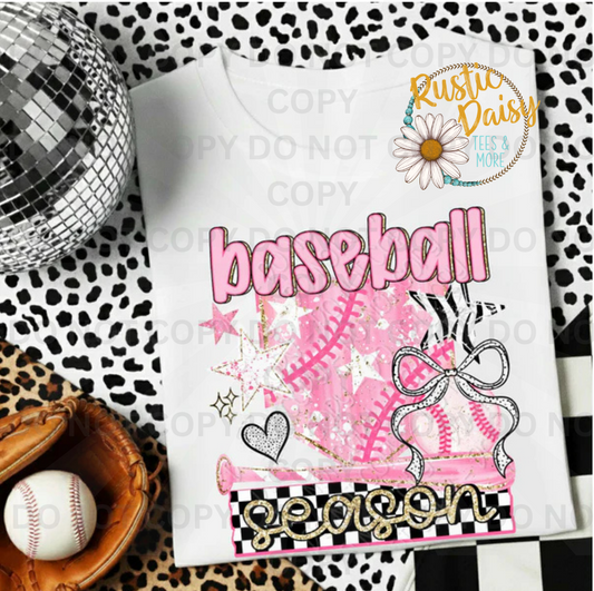 Baseball mom text with pink baseball, stars & a bow