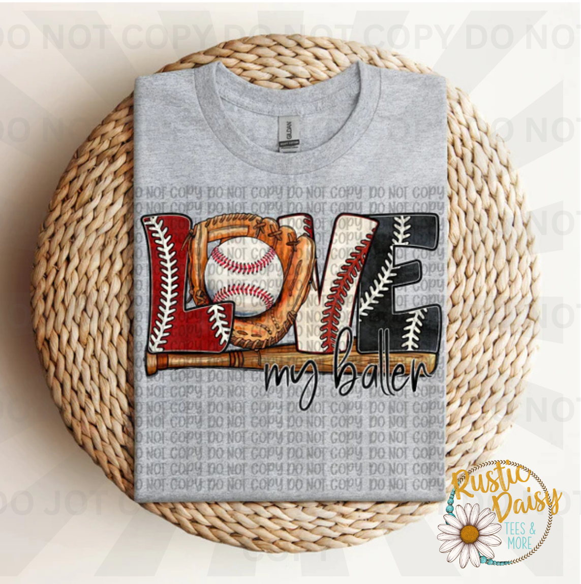 Love my baller text with baseball in glove, with stitched letters and bat forming the letters in red and black and white