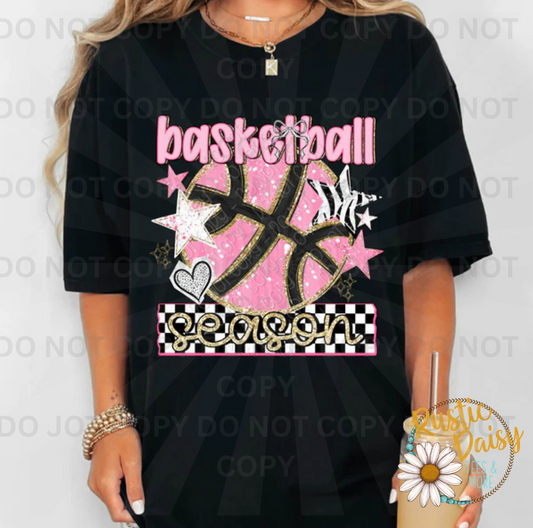 Basketball season text with pink basketball and stars