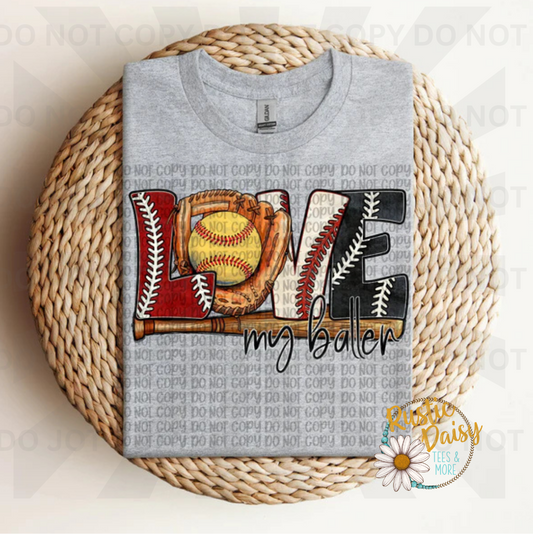 Love my baller text with softball in glove, with stitched letters and bat forming the letters in red and black and white