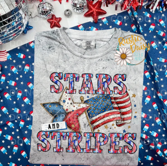 Stars and Stripes text with patriotic patterns and American flag