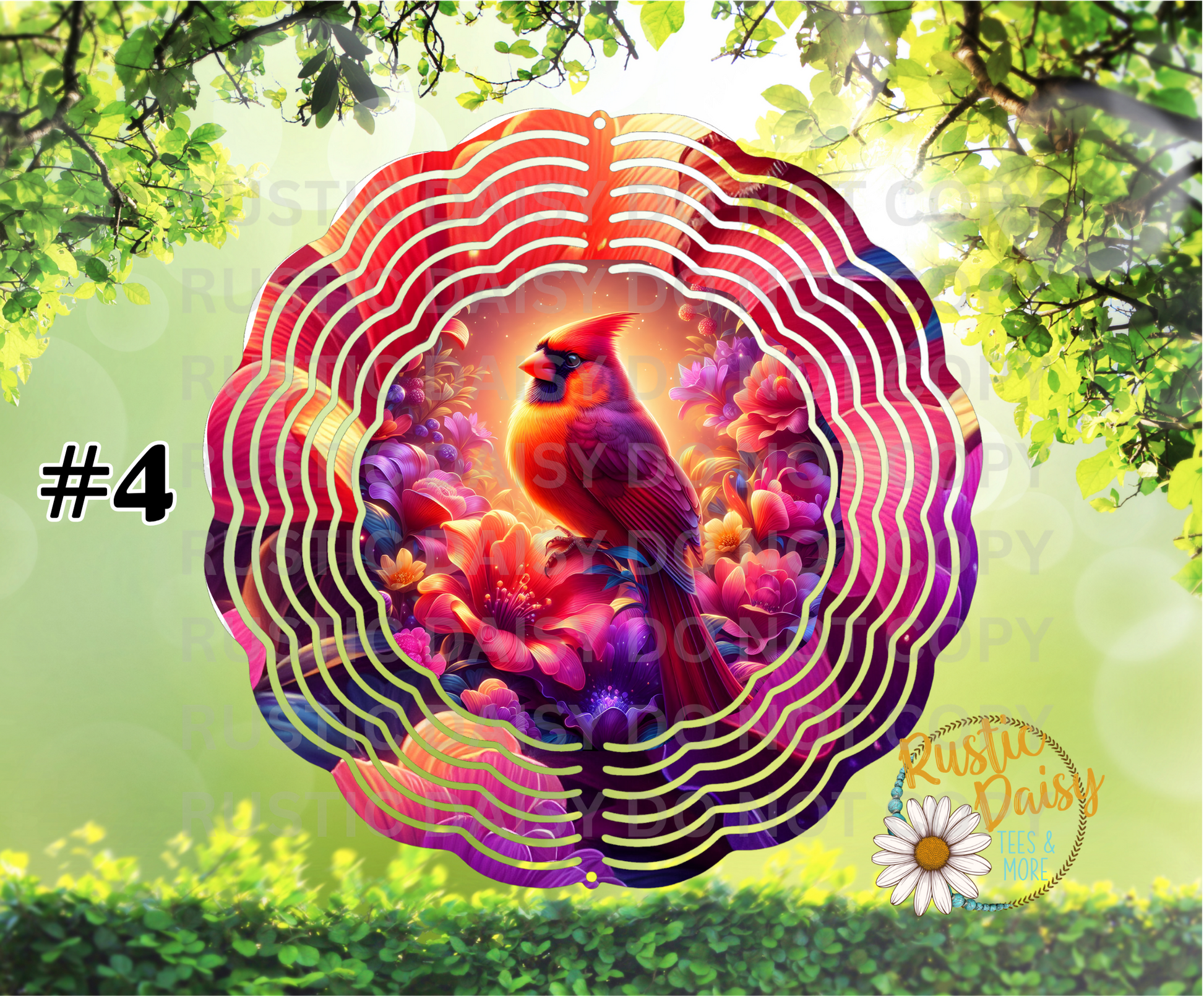 Red cardinal with vibrant purple and pink flowers 10-inch wind spinner